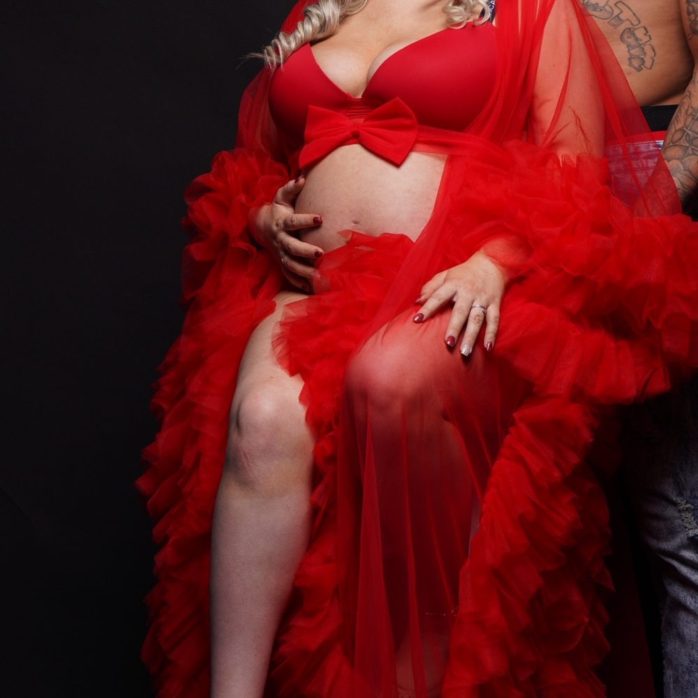 Red Sheer Maternity Gown with Bow